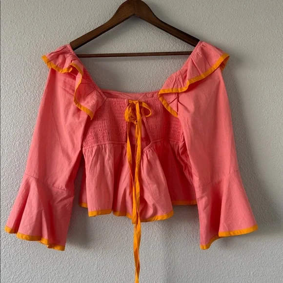 Maeve Anthropologie Pink Square-Neck Ruffle Babydoll Medium Flare sleeve Top M - Picture 6 of 10